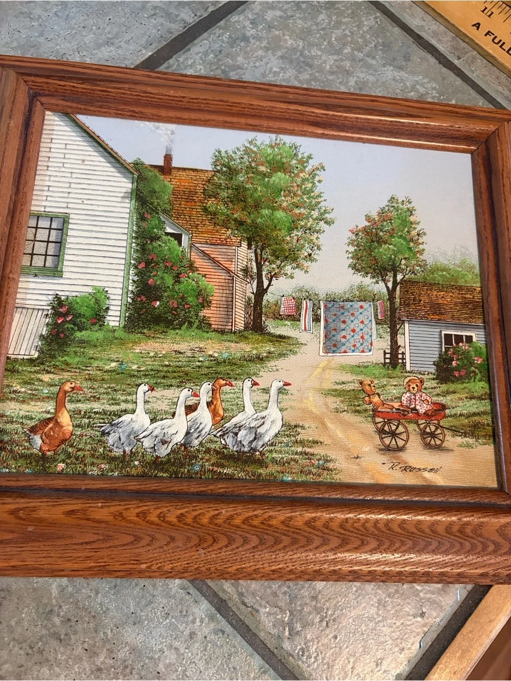 Vintage R Russell farmhouse scene framed art